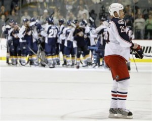 Blue Jacket Jason Williams after the Nashville Predators win 5-4 in shootout.