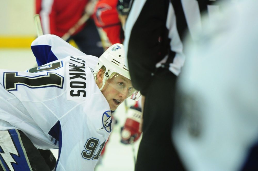 Stamkos, in a faceoff (Tom Turk/THW).