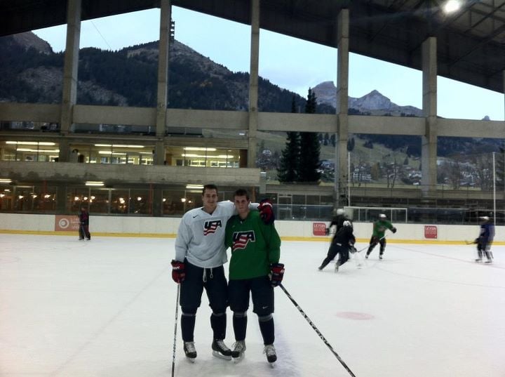 Nic Kerdiles (left) and Quentin Shore (right) pose for a picture at a rink in Switzerland at the Four Nations Tournament