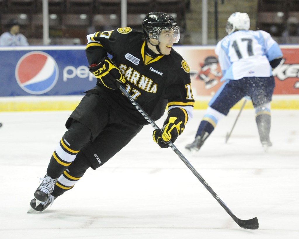 Ryan Kujawinski was the fourth overall pick in the 2011 OHL Priority Selection but he found himself relegated to fourth-line duty.  Photo courtesy of Aaron Bell/OHLImages
