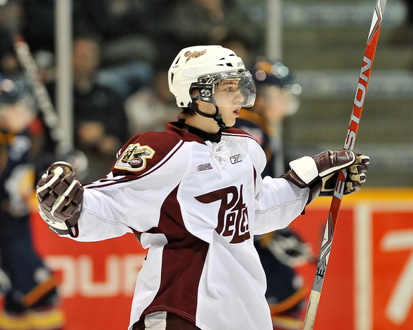 When Lino Martschini came into the OHL in 2010, he showed that he played bigger than his 5'5", 125-pound frame.  He finished third in team scoring with 58 points in 61 games, including 20 goals, becoming an instant fan favourite in Peterborough.  Photo courtesy of Aaron Bell/OHL Images
