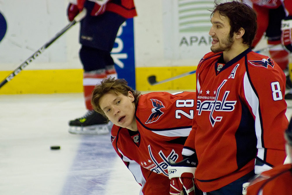 Ovechkin and Semin share a laugh during warmup (Clydeorama.com)