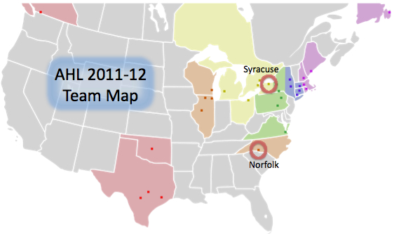 The Norfolk Admirals are the most southern franchise in the AHL's Eastern Conference, while the Syracuse Crunch operate in the AHL's heartland. (remixed from LtPowers under Creative Commons Attribution-Share Alike 2.5 Generic)