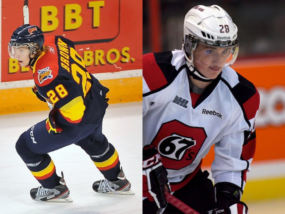 On September 29, 2012, both OHL players named Connor Brown managed to score in the same game in an 8-1 win by the Ottawa 67's over the Erie Otters.  The elder Brown scored at 14:28 of the first period on the powerplay while the younger Brown scored at 15:02 of the third period.  As if the fact that this occurred was not incredible enough, both players share the jersey number 28.  (Terry Wilson/OHL Images; Valerie Wutti/Blitzen Photography)