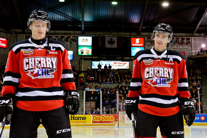Nathan MacKinnon and Jonathan Drouin stand at the blueline of the Top Prospects Game [photo: David Chan]