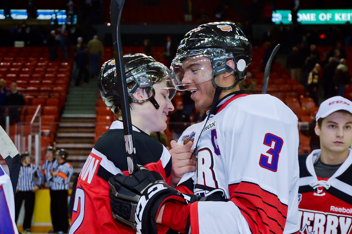 Good friends Nathan MacKinnon and Seth Jones shakes hands after the Top Prospects Game which featured 2013 NHL Draft eligible players. [photo: David Chan]