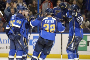 Kevin Shattenkirk is congratulated by teammates after scoring the first goal for the Blues Tuesday night (Jasen Vinlove-USA TODAY Sports)