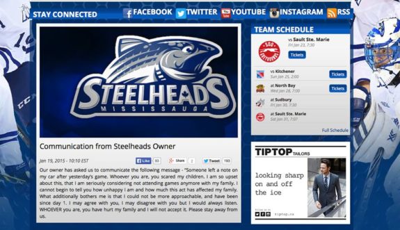 Mississauga Steelheads owner Elliott Kerr issued this statement following an anonymous note left on his car.