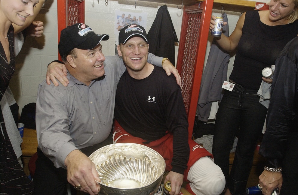 Scotty Bowman and Brett Hull of the Detroit Red Wings celebrate with the Stanley Cup