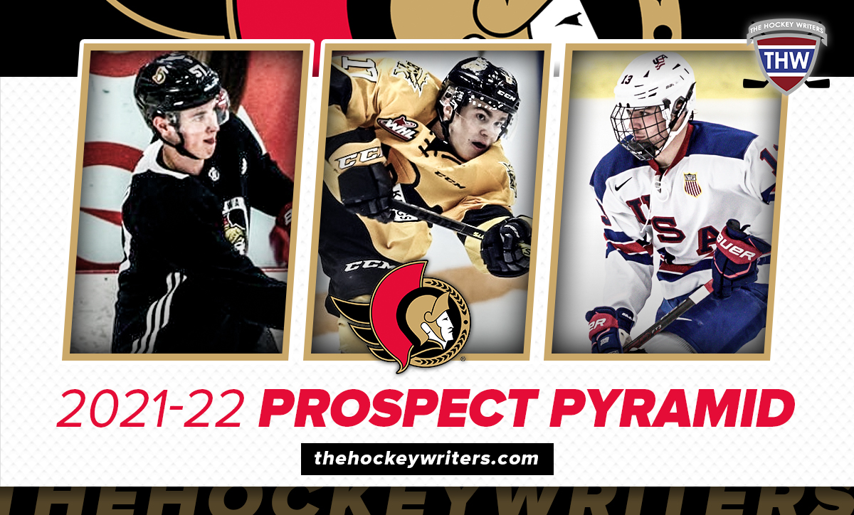 Ottawa Senators 2021-22 Prospect Pyramid Shane Pinto, Tyler Boucher, and Ridly Greig