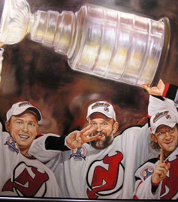 Martin Brodeur, Ken Daneyko & Patrik Elias celebrate the Devils' third Stanley Cup. (Eeleus/Flickr)