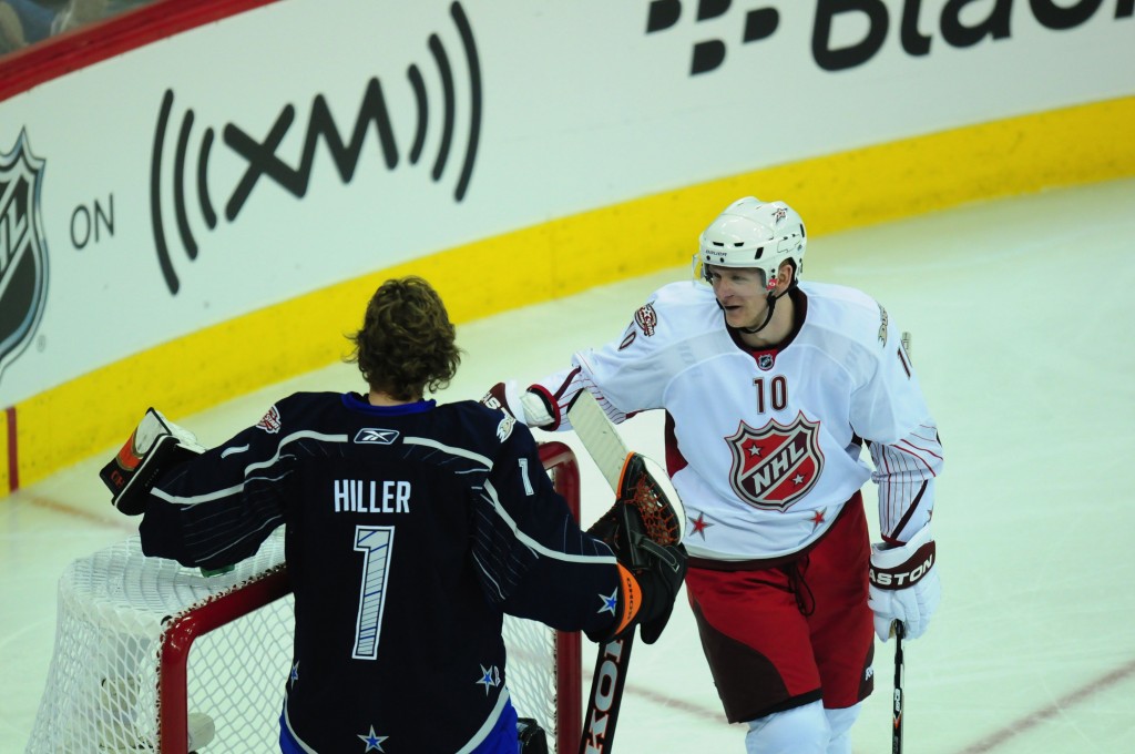 Teammates Jonas Hiller and Corey Perry were on separate teams in 2011 (Tom Turk for The Hockey Writers)