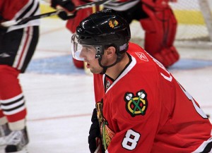 Nick Leddy during warmups for a Chicago Blackhawks game