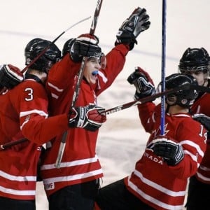 Keith Aulie and Tyler Myers celebrate a Jordan Eberle goal at the 2009 World Junior Championships in Ottawa. Photo Courtesy Reuter Daylife, Creative Commons