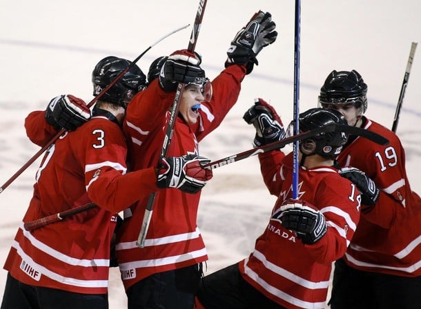 Keith Aulie and Tyler Myers celebrate a Jordan Eberle goal at the 2009 World Junior Championships in Ottawa. Photo Courtesy Reuter Daylife, Creative Commons
