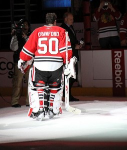 Corey Crawford honored as first star of the night Jan 9th vs NYI