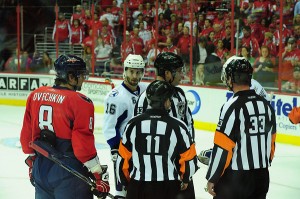 Ovi chatting with the refs (Tom Turk/THW)