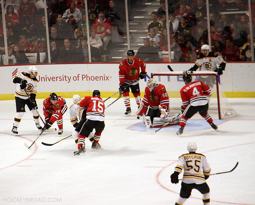 Corey Crawford makes a stop against the Bruins, 10/15/11 - photo by Cheryl Adams