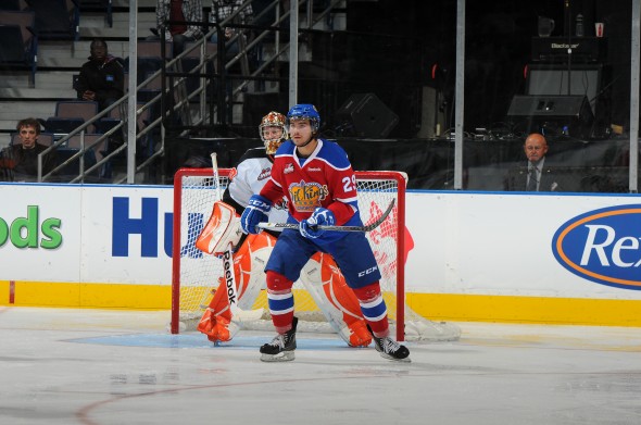 Mitch Moroz at home in front of the net (photo by Andy Devlin, Edmonton Oil Kings)