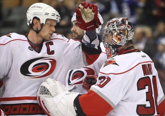 (Tom Szczerbowski-US PRESSWIRE) The Carolina Hurricanes are hopeful that both Eric Staal, left, and Cam Ward can rebound this season. That might mean giving Staal new linemates to start the 2014-15 campaign.