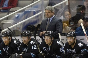 Mar 22, 2012; San Jose, CA, USA; San Jose Sharks head coach Todd McLellan stands behind the bench during the second period against the Boston Bruins at HP Pavilion. Mandatory Credit: Jason O. Watson-USA TODAY Sports