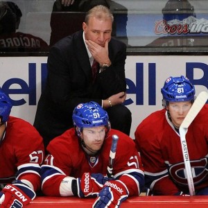 Montreal Canadiens forwards David Desharnais and Lars Eller and coach Michel Therrien
