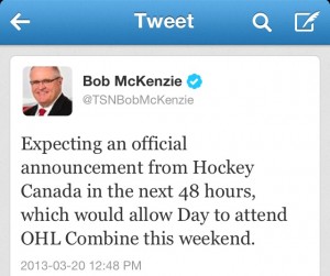 Bob McKenzie Tweet announcing Sean Day's exceptional status