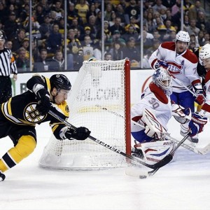 Brad Marchand defended by Montreal Canadiens defenseman Alexei Emelin