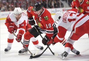 Jonathan Toews plays a big part in the Blackhawks' offence. If the Detroit Red Wings can shut down him and his line, we may see another long series go in Detroit's favour. (Rob Grabowski-USA TODAY Sports)