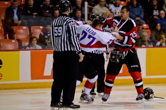 Nurse and Lazar exchange pleasantries during the Top Prospects Game [photo: David Chan]