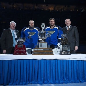 St. Louis Blues head coach Ken Hitchcock, goalies Jaroslav Halak and Brian Elliott and general manager Doug Armstrong