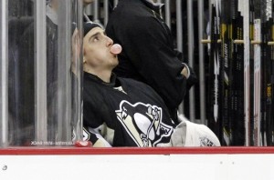 Marc-Andre Fleury hopes to be on the ice rather than the bench once the 2013-14 NHL Playoffs are upon us. (Charles LeClaire-USA TODAY Sports)
