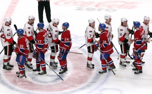 Canadiens and Senators shake hands at the end of a grueling series for the Habs (Jean-Yves Ahern-USA TODAY Sports)
