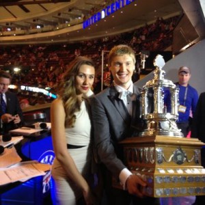 Sergei Bobrovsky and wife Olga display the Vezina. Photo courtesy Columbus Blue Jackets