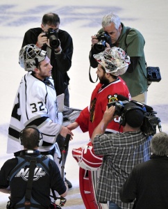 Two top potential Vezina candidates shake hands (Scott Stewart-USA TODAY Sports)