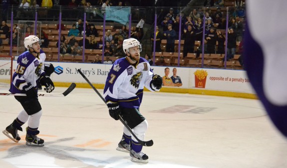 Monarchs defenseman Andrew Bodnarchuk celebrates his power play goal Sunday afternoon against the Wilkes-Barre/Scranton Penguins.