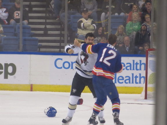 Pierre Luc Leblond had two fights tonight, including one in the second period with Admirals winger John Kurtz. (Alison Myers/THW)