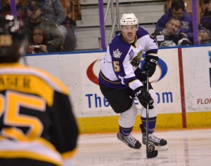 Monarchs D Vincent LoVerde looks up ice in a game against the Providence Bruins (Josh Weinreb Photo)
