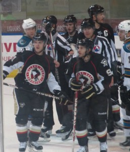 Wilkes-Barre/Scranton Penguins forwards Chris Collins (left) and Brian Gibbons during a road game against the Worcester Sharks on March 15, 2013. (Alison Myers/THW)