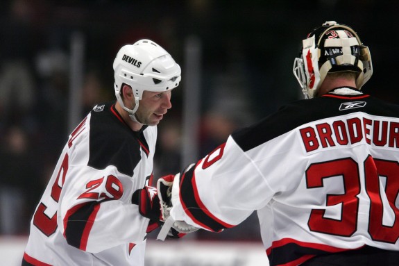 Grant Marshall & Martin Brodeur after a Devils win. (Jerry Lai-USA TODAY Sports)