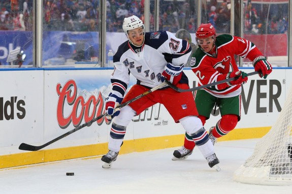 Marek Zidlicky & Derek Stepan skate during the second period. (Ed Mulholland-USA TODAY Sports)