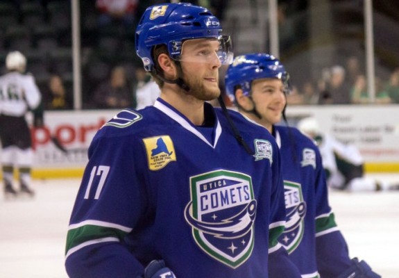 (Ross Bonander/THW) Nicklas Jensen is one of Vancouver's top prospect, a near NHL-ready forward currently playing for the AHL's Utica Comets. Jensen hails from Denmark and could be a good mentor for his compatriot Nikolaj Ehlers in the years to come with Winnipeg.