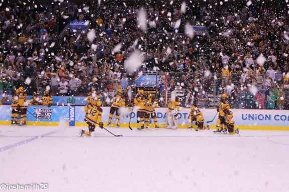 Minnesota Golden Gophers watch Union College celebrate a National Championship victory. [photo: Josh Smith]
