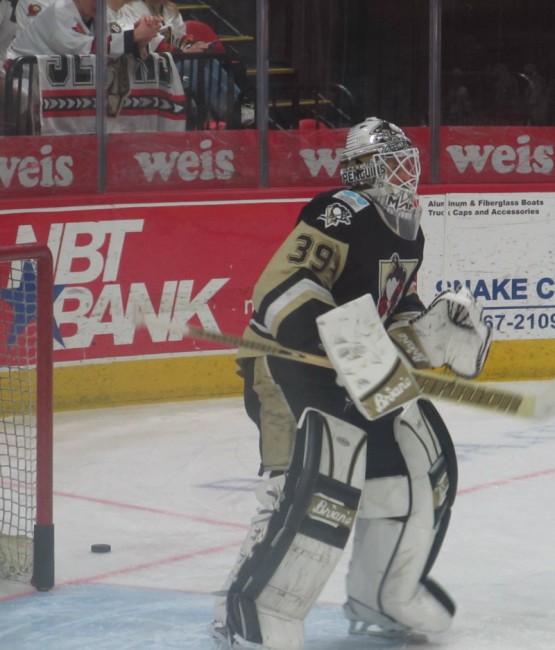 Goaltender Peter Mannino has made some big saves for the Penguins in the first two games. (Alison Myers/THW)