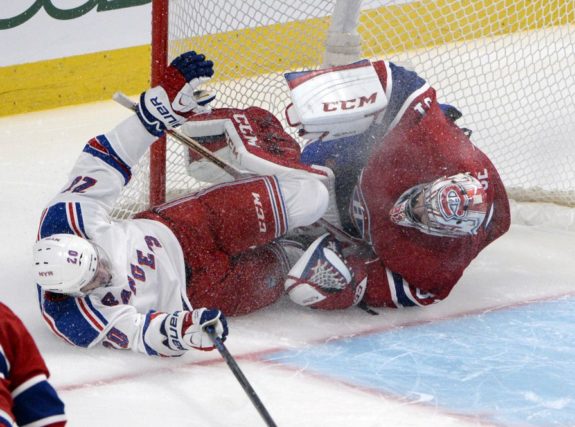New York Rangers forward Chris Kreider crashes into Montreal Canadiens goalie Carey Price during the 2014 Eastern Conference Final