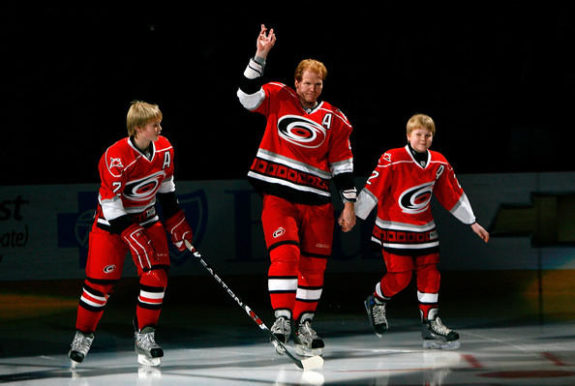 Glen Wesley skates with his sons on the night the Carolina Hurricanes retired his number. (via Josh Wesley) 