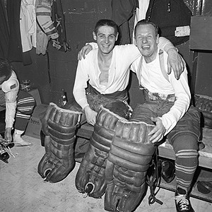 Vezina Trophy winners Terry Sawchuk and Johnny Bower.