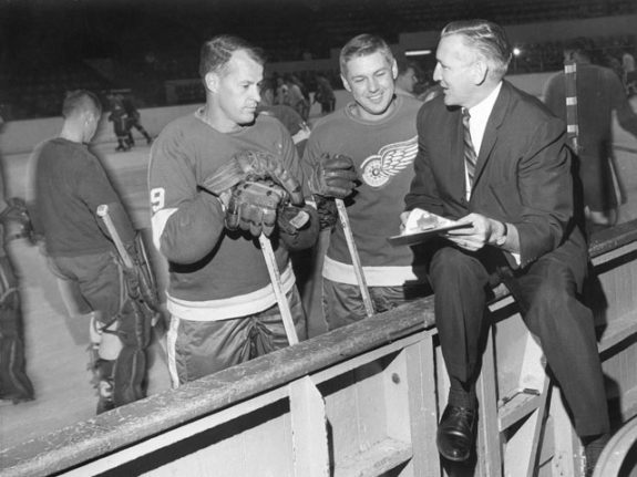Gordie Howe, Alex Delvecchio, and Sid Abel of the Detroit Red Wings.