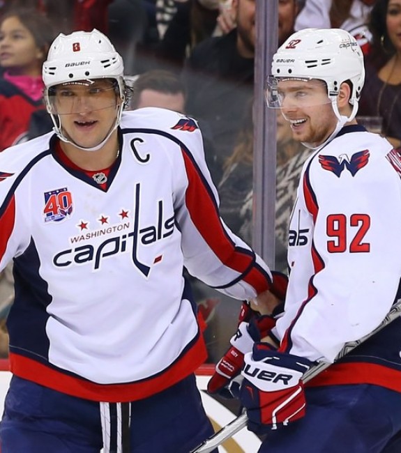 (Ed Mulholland-USA TODAY Sports) Evgeny Kuznetsov of the Washington Capitals, right, could emerge as a breakout star this season, especially if he gets to continue playing with Alex Ovechkin.