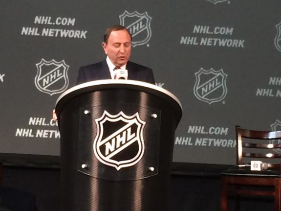 Commissioner Gary Bettman addresses the media at Nationwide Arena in Columbus. (Credit: Alex Busch/Staff)